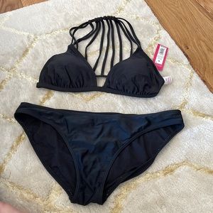 Black bikini. Razor back style top and low rise bottoms.